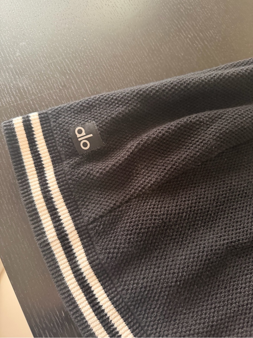 ALO Yoga Black Crewneck Sweater with White Stripe Trim